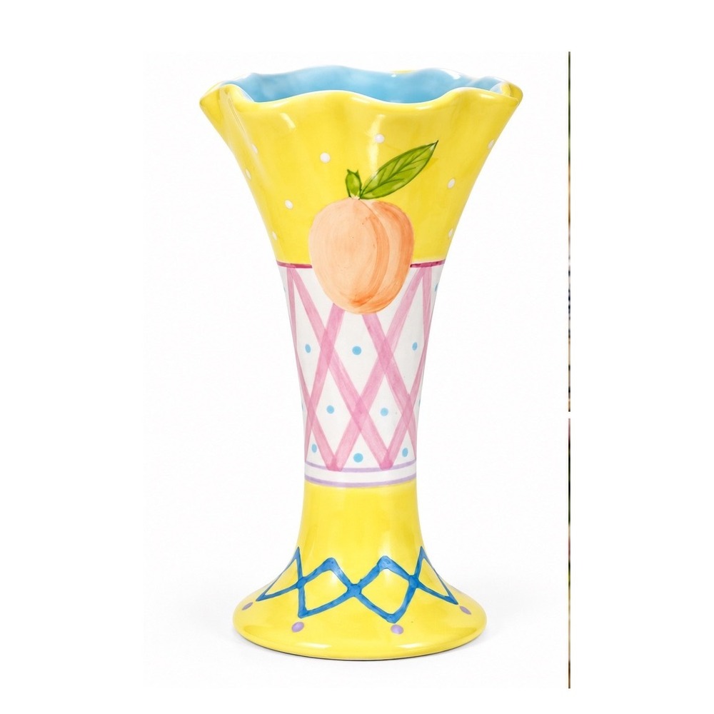 Hand Painted Ceramic Peach Trumpet Vase Yellow Scalloped Rim 6.5 Inch